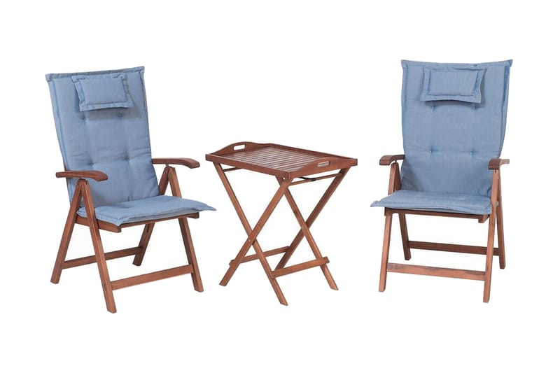 Balkongsett Canneto 68 cm + 2 stoler med puter - Tre/Natur/Blå - Cafemøbler & cafesett