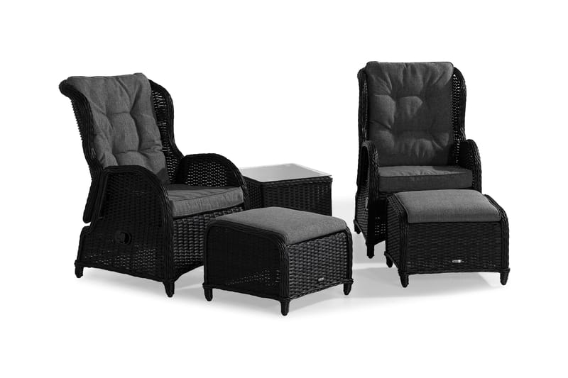 Cafésett Marcus med 2 Reclinerlenestoler m Pute - Svart - Hagemøbler & utemiljø - Hagegruppe - Cafemøbler & cafesett