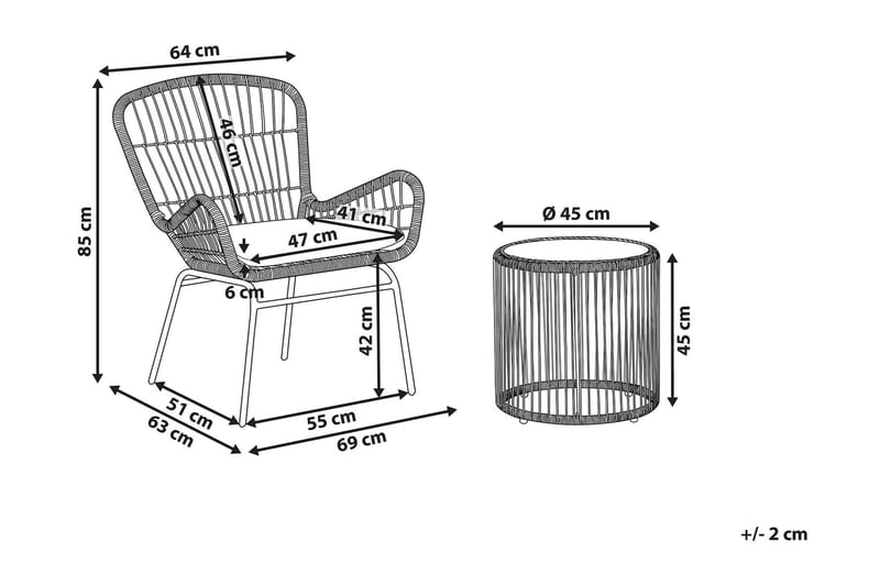 Cafésett Svanninge Rundt 69 cm + 2 Stoler - Brun/Lysegrå/Kunstrotting - Cafemøbler & cafesett