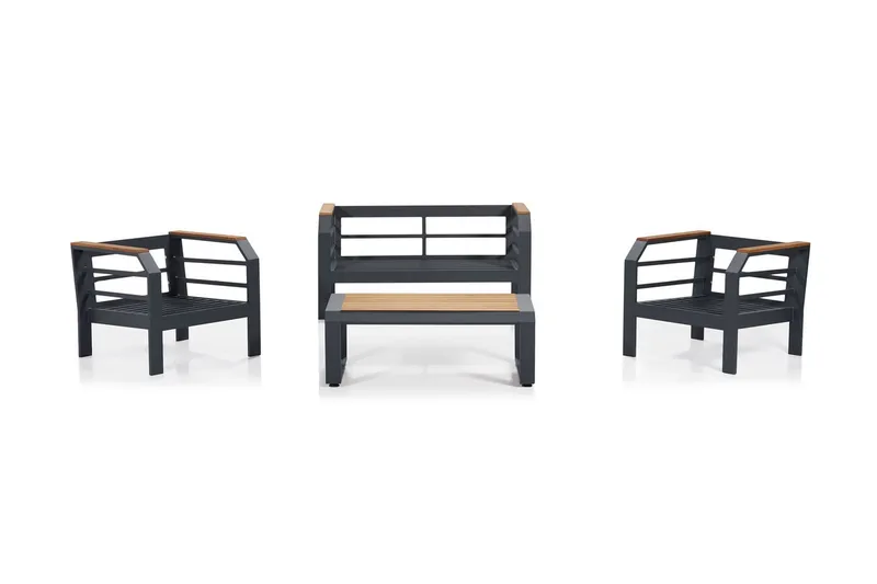 Lassento Cafésett 137 cm + 2-seters Sofa + 2 Lenestoler - Grå / Svart - Hagemøbler & utemiljø - Hagegruppe - Cafemøbler & cafesett