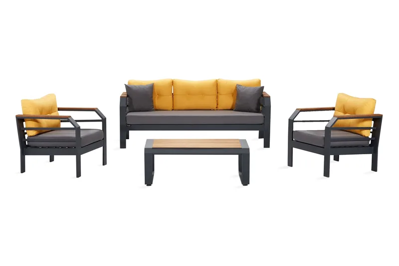 Lassento Cafésett 197 cm + 3-seters Sofa + 2 Lenestoler, Gul/Grå/Svart