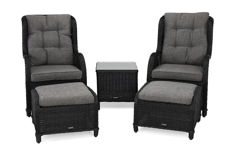 Marcus Cafésett med 2 Ørelappstoler med Fotskammel inkl. Pute - Svart - Hagemøbler & utemiljø - Hagegruppe - Cafemøbler & cafesett