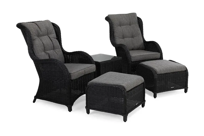 Marcus Cafésett med 2 Ørelappstoler med Fotskammel inkl. Pute, Svart