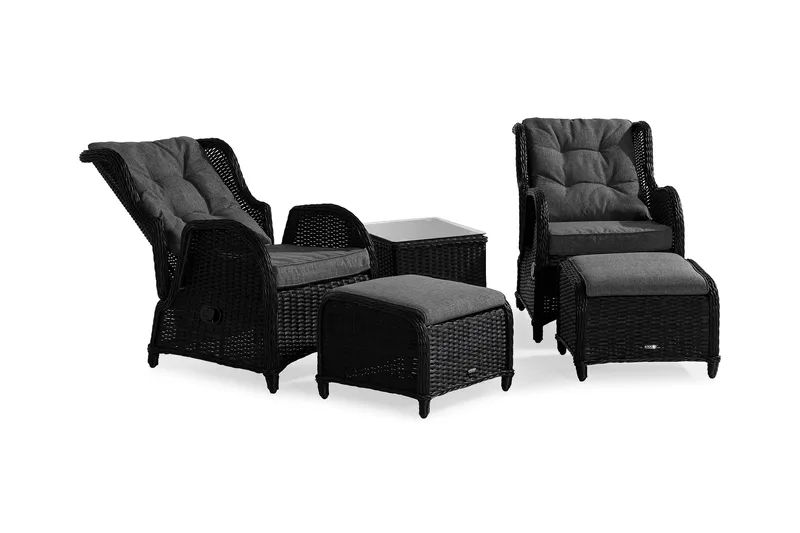 Marcus Cafésett med 2 Reclinerlenestoler m Pute - Svart - Hagemøbler & utemiljø - Hagegruppe - Cafemøbler & cafesett