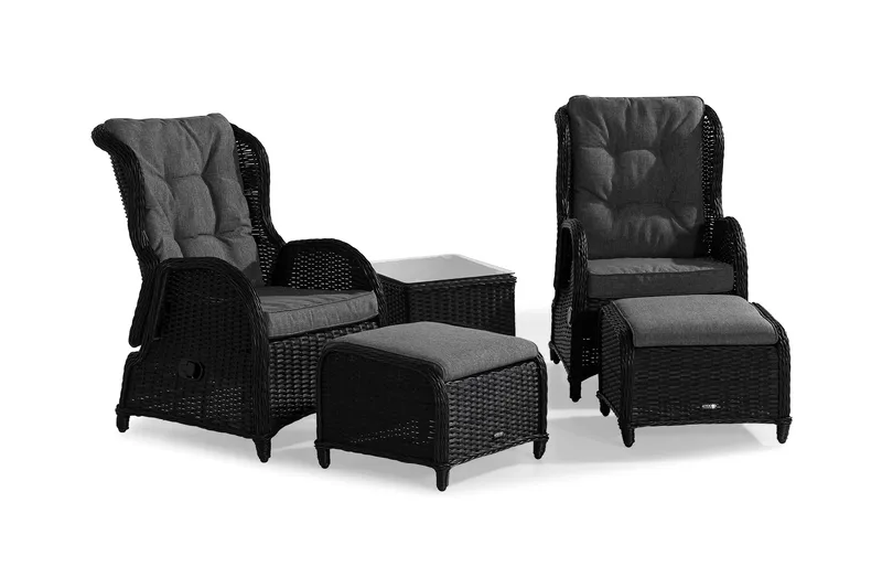 Marcus Cafésett med 2 Reclinerlenestoler m Pute, Svart