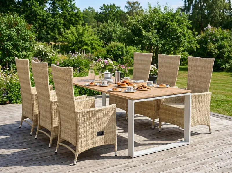 Devon utendørs spisegruppe 210x100 cm med 6 Jenny spisestoler - Beige/teak - Hagemøbler & utemiljø - Hagegruppe - Spisegrupper hage