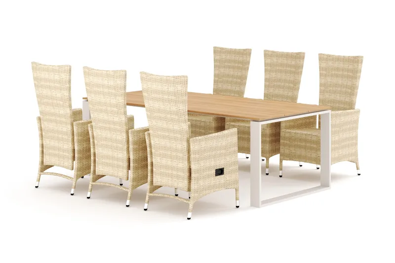 Devon utendørs spisegruppe 210x100 cm med 6 Jenny spisestoler, Beige/teak