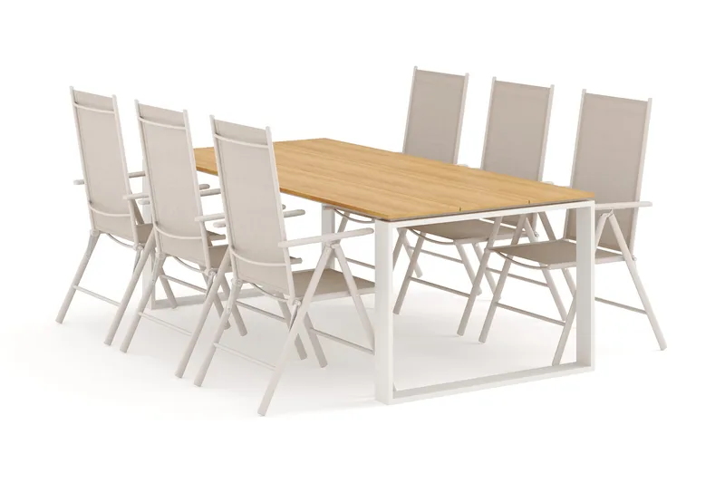 Devon utendørs spisegruppe 210x100 cm med 6 Maggie regulerbare stoler, Beige/teak