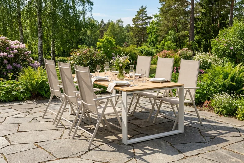 Devon utendørs spisegruppe 210x100 cm med 6 Maggie regulerbare stoler - Beige/teak - Hagemøbler & utemiljø - Hagegruppe - Spisegrupper hage