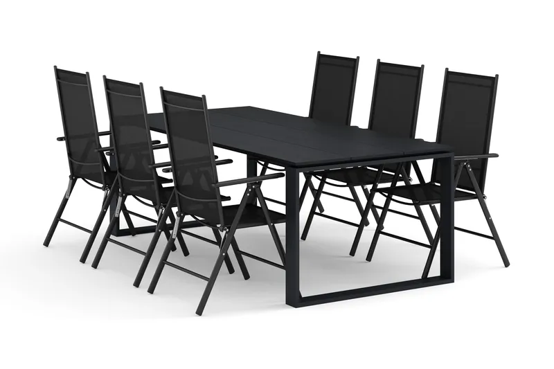 Devon utendørs spisegruppe 210x100 cm med 6 Maggie regulerbare stoler, Svart