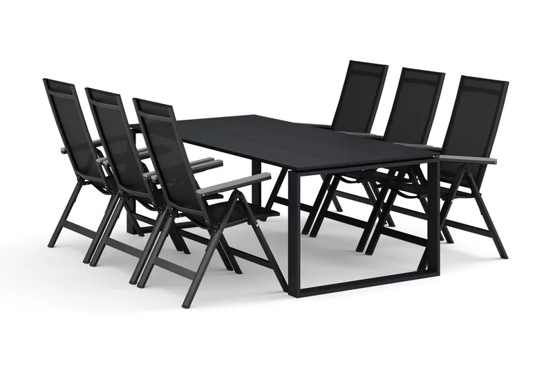 Devon utendørs spisegruppe 210x100 cm med 6 Monaco Light regulerbare stoler, Svart