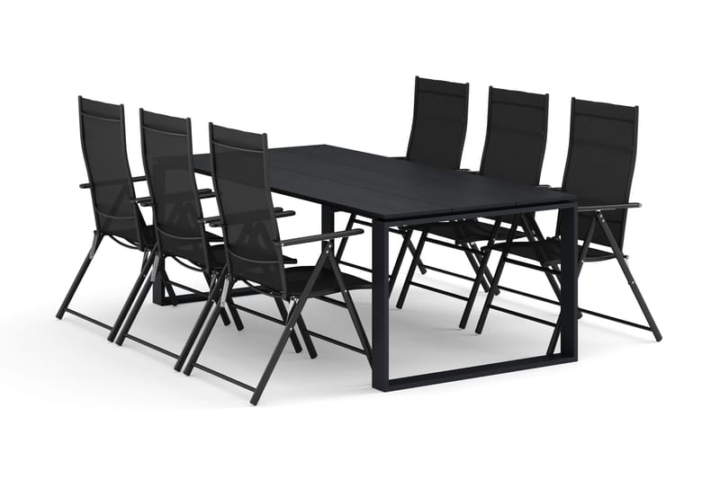 Devon utendørs spisegruppe 210x100 cm med 6 regulerbare stoler, Svart