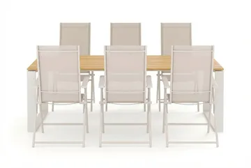 Devon utendørs spisegruppe 210x100 cm med 6 Sanna regulerbare stoler - Beige/teak - Hagemøbler & utemiljø - Hagegruppe - Spisegrupper hage