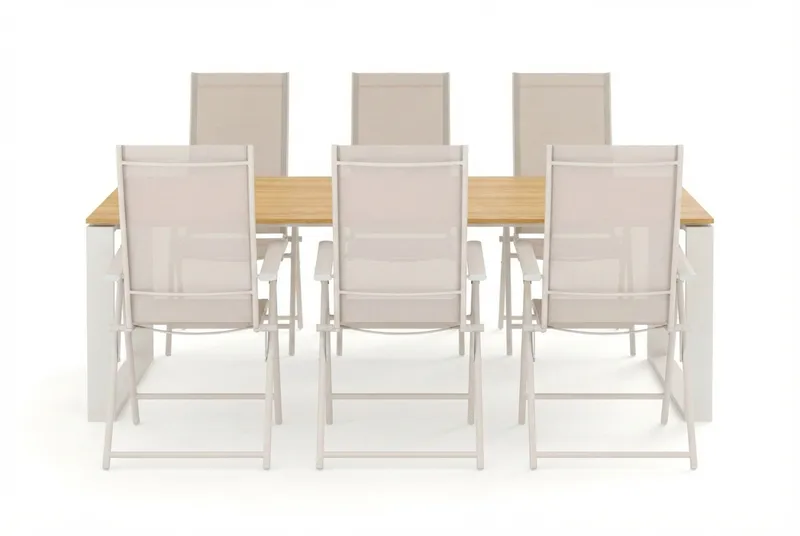 Devon utendørs spisegruppe 210x100 cm med 6 Sanna regulerbare stoler - Beige/teak - Hagemøbler & utemiljø - Hagegruppe - Spisegrupper hage