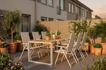 Devon utendørs spisegruppe 210x100 cm med 6 Sanna regulerbare stoler - Beige/teak - Hagemøbler & utemiljø - Hagegruppe - Spisegrupper hage