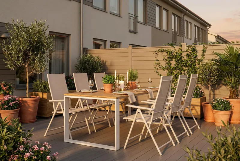 Devon utendørs spisegruppe 210x100 cm med 6 Sanna regulerbare stoler - Beige/teak - Hagemøbler & utemiljø - Hagegruppe - Spisegrupper hage