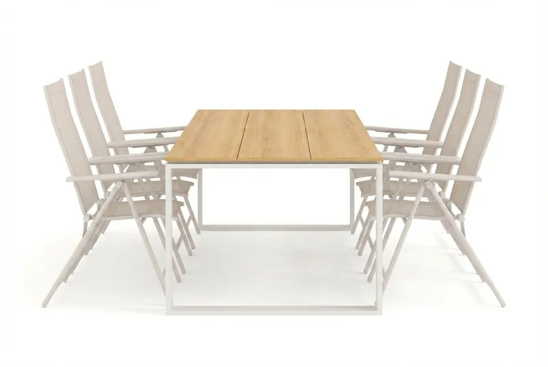 Devon utendørs spisegruppe 210x100 cm med 6 Sanna regulerbare stoler - Beige/teak - Hagemøbler & utemiljø - Hagegruppe - Spisegrupper hage