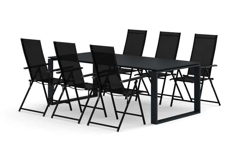 Devon utendørs spisegruppe 210x100 cm med 6 Sanna regulerbare stoler, Svart