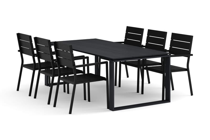 Devon utendørs spisegruppe 210x100 cm med 6 stablebare Tunis-stoler, Svart
