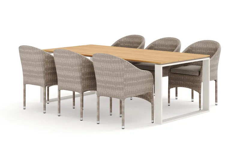 Devon utendørs spisegruppe 210x100 cm med 6 Thor lenestoler, Beige/teak