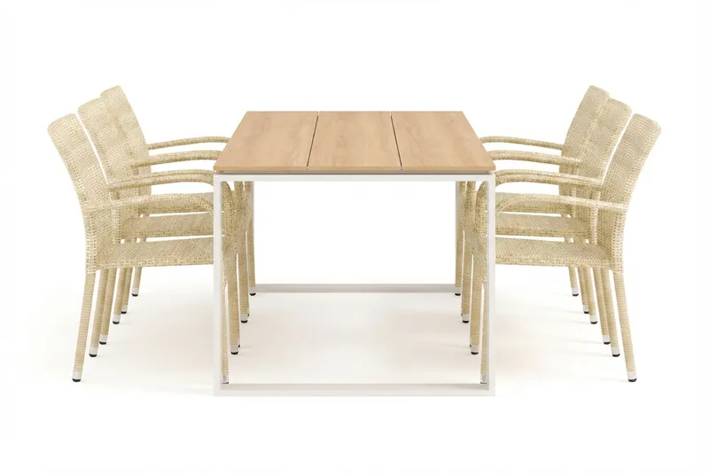 Devon utendørs spisegruppe 210x100 cm med 6 Thor Light utendørs lenestoler - Beige/teak - Hagemøbler & utemiljø - Hagegruppe - Spisegrupper hage
