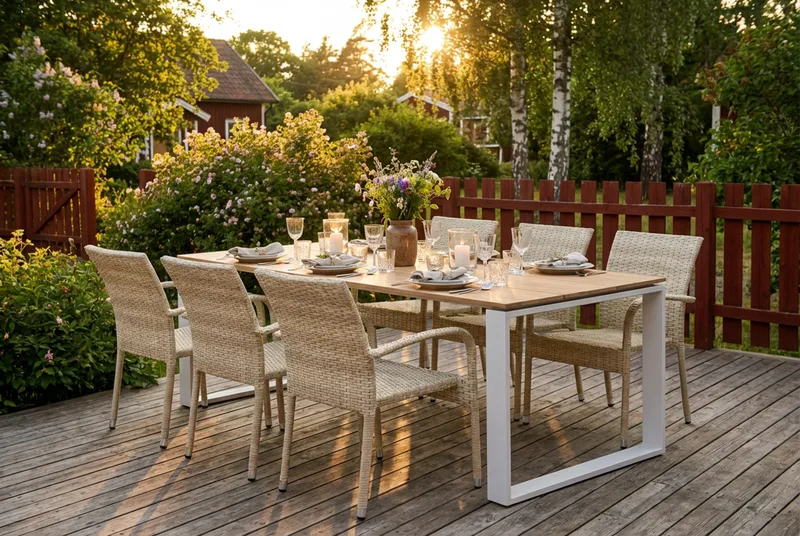 Devon utendørs spisegruppe 210x100 cm med 6 Thor Light utendørs lenestoler - Beige/teak - Hagemøbler & utemiljø - Hagegruppe - Spisegrupper hage
