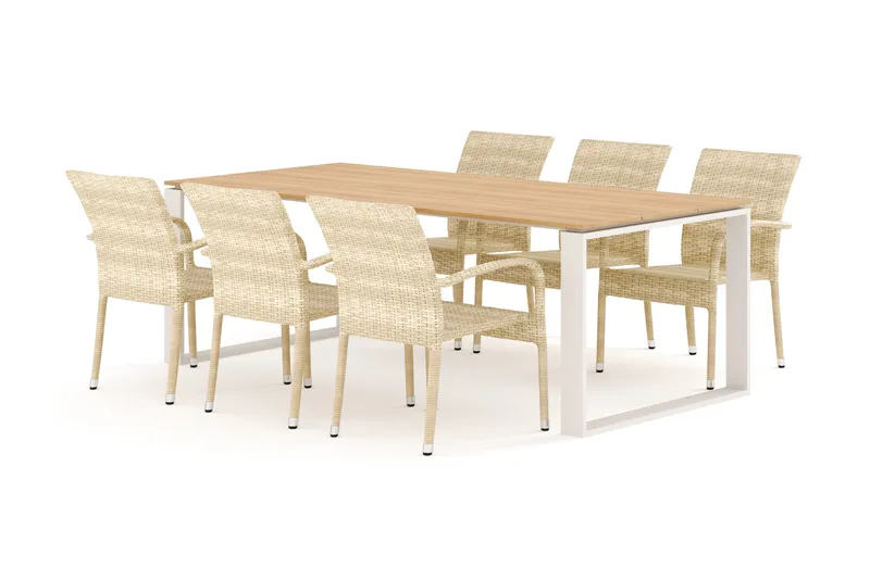 Devon utendørs spisegruppe 210x100 cm med 6 Thor Light utendørs lenestoler, Beige/teak