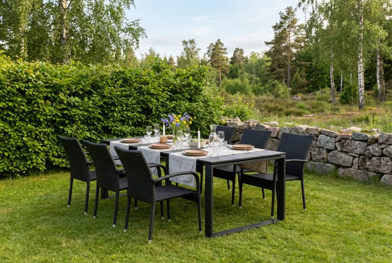 Devon utendørs spisegruppe 210x100 cm med 6 Thor Light utestoler med armlener - Svart - Hagemøbler & utemiljø - Hagegruppe - Spisegrupper hage