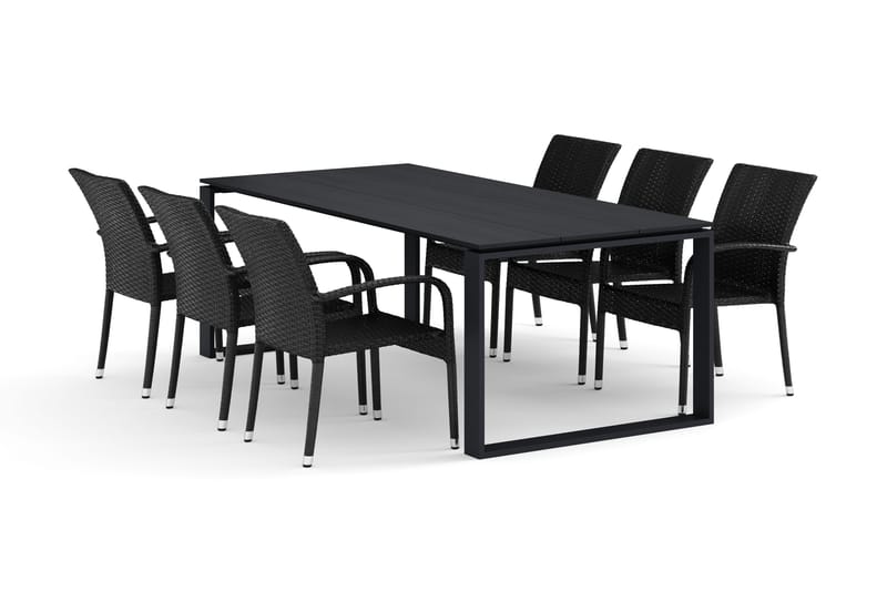Devon utendørs spisegruppe 210x100 cm med 6 Thor Light utestoler med armlener, Svart