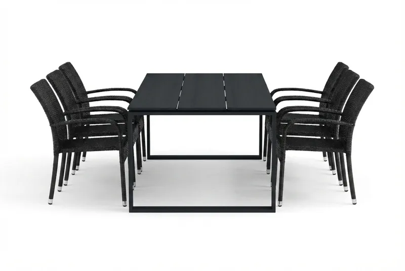 Devon utendørs spisegruppe 210x100 cm med 6 Thor Light utestoler med armlener - Svart - Hagemøbler & utemiljø - Hagegruppe - Spisegrupper hage