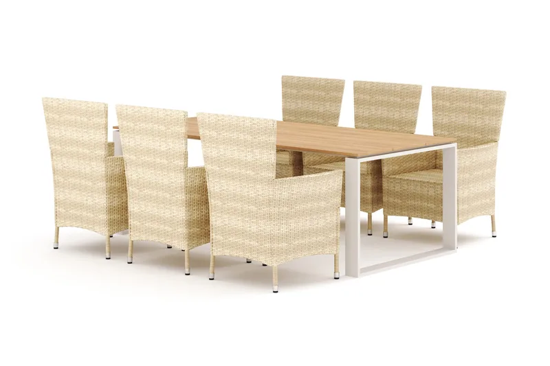 Devon utendørs spisegruppe 210x100 cm med 6 Thor-stoler med armlener, Beige/teak