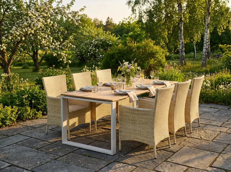 Devon utendørs spisegruppe 210x100 cm med 6 Thor-stoler med armlener - Beige/teak - Hagemøbler & utemiljø - Hagegruppe - Spisegrupper hage