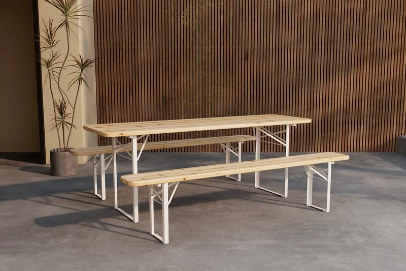 Guiness spisegruppe 200 cm med 2 benker utendørs, Teaklook, beige ramme