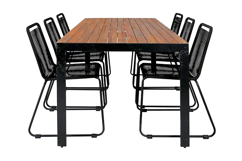 Bois Spisegruppe 205cm+6 Lindos Stablebare Stoler, Svart/Grå