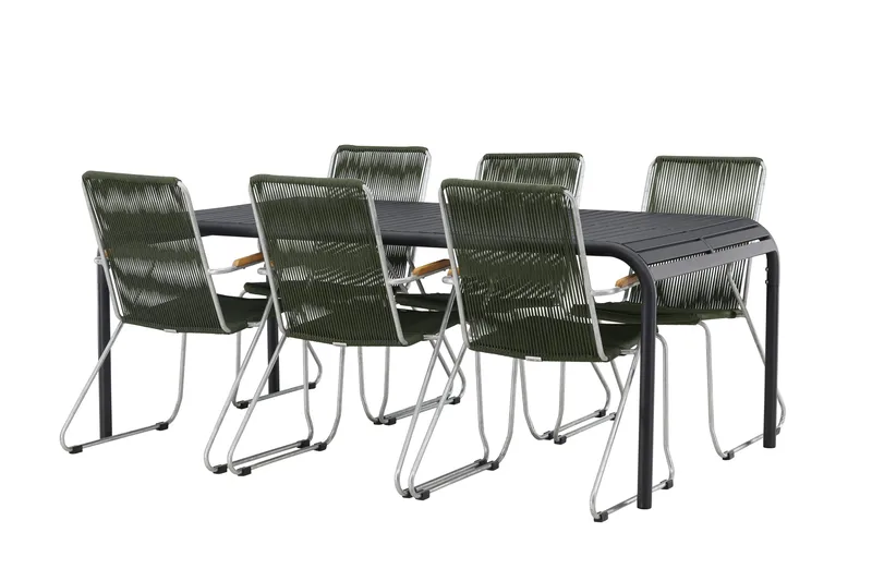 Borneo Spisegruppe 200 cm + 6 Bois Karmstoler, Grønn/Svart