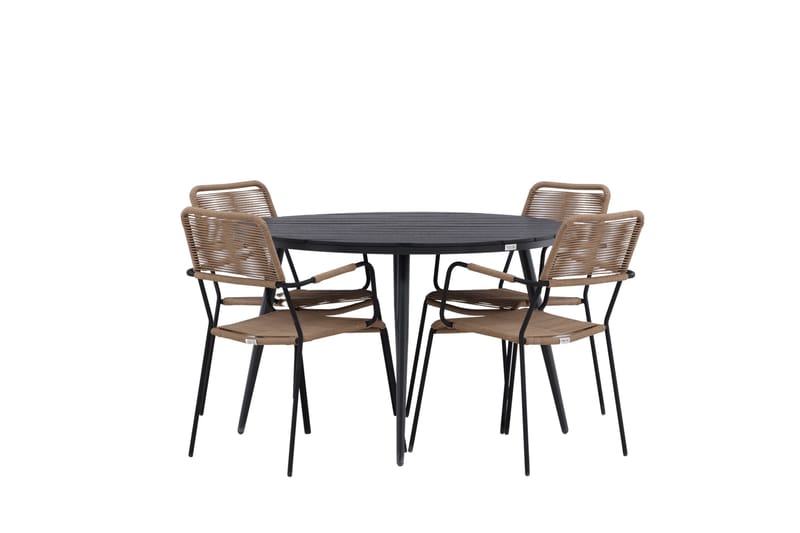 Break Spisegruppe Rund 120 cm + 4 Lindos Karmstoler, Svart/Beige
