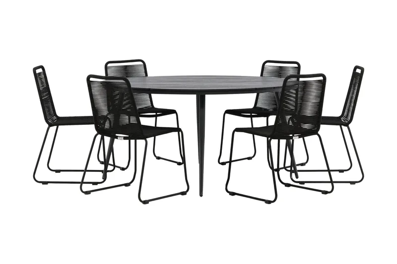 Break Spisegruppe Rund 150cm+6 Lindos Stablebare Stoler, Svart