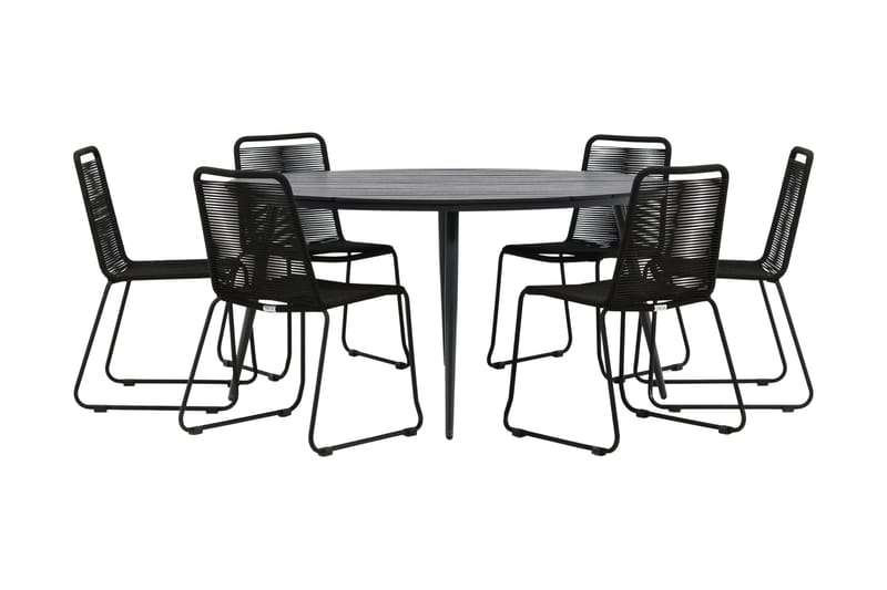 Break Spisegruppe Rund 150cm+6 Lindos Stablebare Stoler, Svart