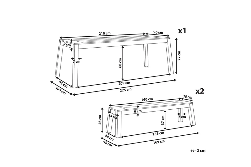 Coteto Spisegruppe 225 cm + 2 Benker - Akasie - Hagemøbler & utemiljø - Hagegruppe - Spisegrupper hage