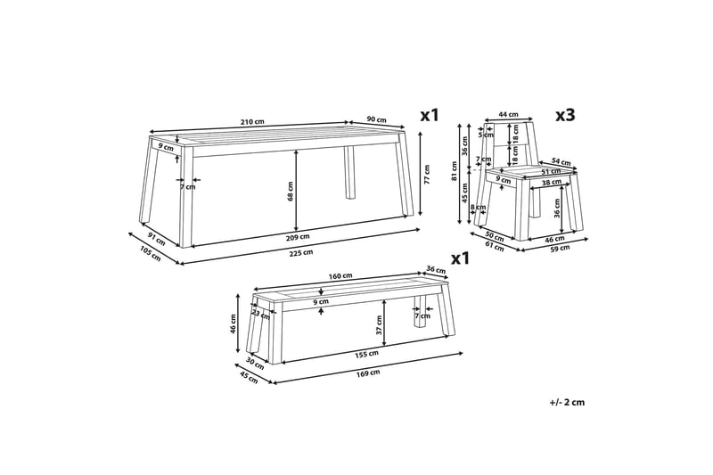 Coteto Spisegruppe 225 cm + 3 Stoler + Benk - Akasie - Hagemøbler & utemiljø - Hagegruppe - Spisegrupper hage