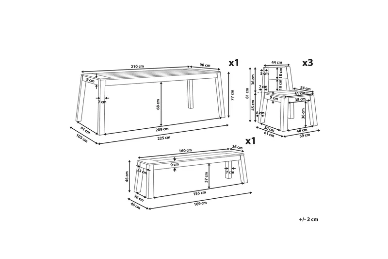 Coteto Spisegruppe 225 cm + 3 Stoler + Benk - Akasie - Hagemøbler & utemiljø - Hagegruppe - Spisegrupper hage