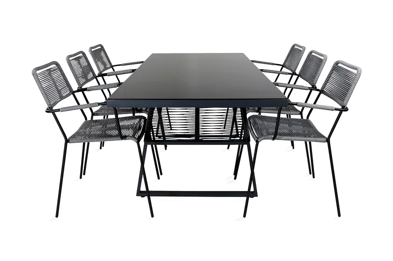 Dallas Spisegruppe 193cm + 6 Lindos Karmstoler, Svart/Grå
