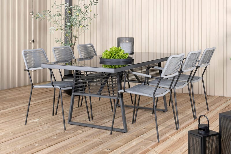 Dallas Spisegruppe 193cm + 6 Lindos Karmstoler - Svart/Grå - Hagemøbler & utemiljø - Hagegruppe - Spisegrupper hage