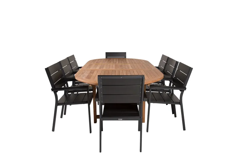 Kenya Spisegruppe 180-240x120 cm + 8 Levels Stablebar Stol, Svart/Brun