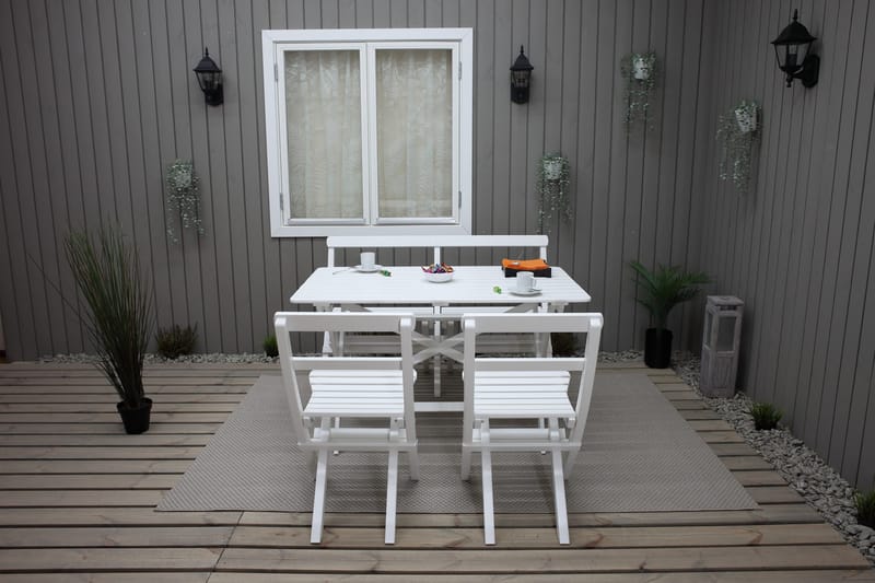 Larios Spisegruppe + 2 Sammenleggbare Stoler + Benk - Hvit - Hagemøbler & utemiljø - Hagegruppe - Spisegrupper hage