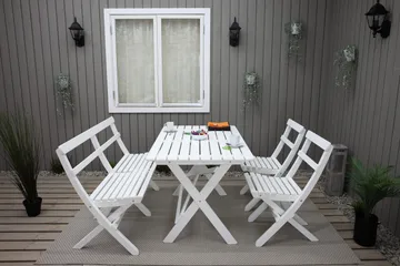 Larios Spisegruppe + 2 Sammenleggbare Stoler + Benk - Hvit - Hagemøbler & utemiljø - Hagegruppe - Spisegrupper hage