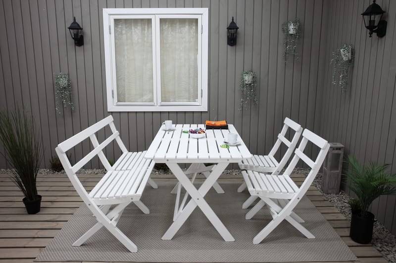 Larios Spisegruppe + 2 Sammenleggbare Stoler + Benk - Hvit - Hagemøbler & utemiljø - Hagegruppe - Spisegrupper hage