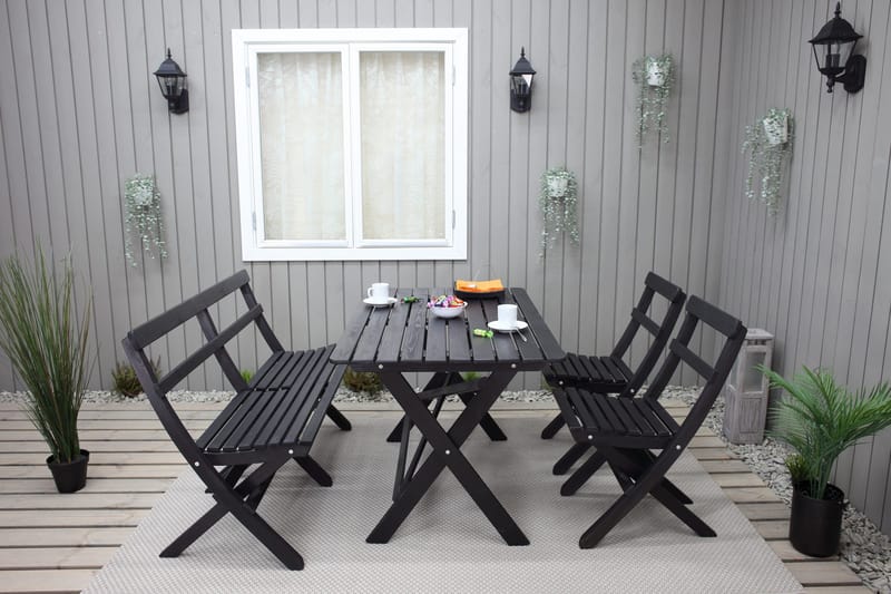 Larios Spisegruppe 76 cm + 2 Spisestoler + Benk - Svart - Hagemøbler & utemiljø - Hagegruppe - Spisegrupper hage