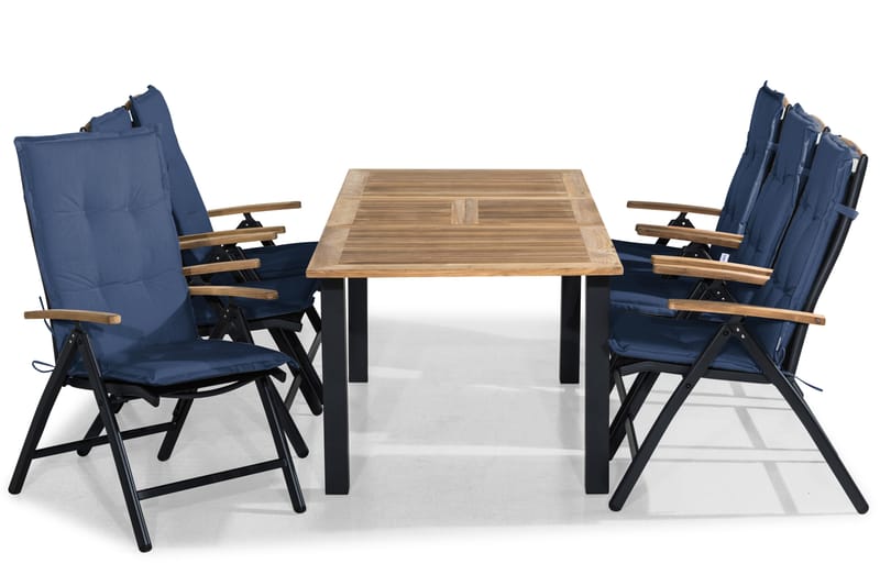 Las Vegas Spisegruppe 152-210x90 + 6 Stoler m Pute - Svart/Teak/Blå - Hagemøbler & utemiljø - Hagegruppe - Spisegrupper hage