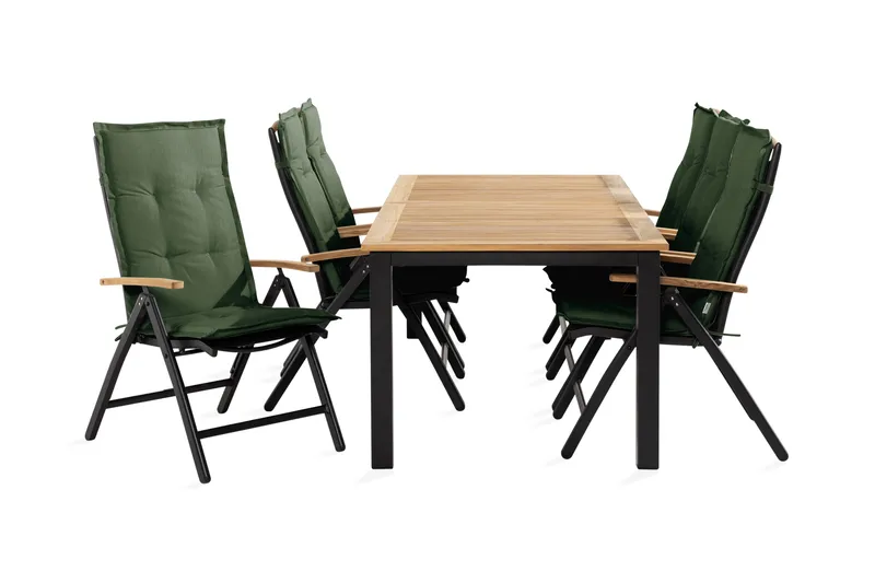 Las Vegas Spisegruppe 152-210x90 + 6 Stoler m Pute, Svart/Teak/Grønn